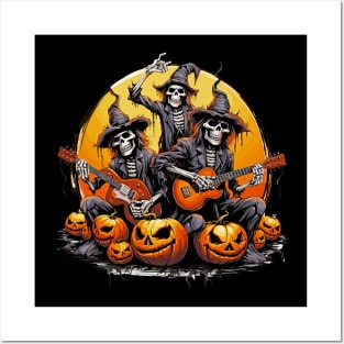 Rockin' Halloween Skeleton Band Posters and Art